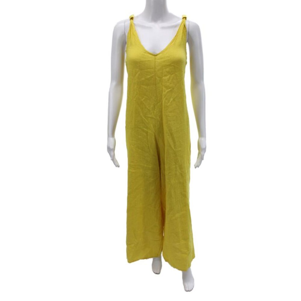 Puro Lino Womens Yellow Sleeveless V-Neck Linen Jumpsuit Size 6